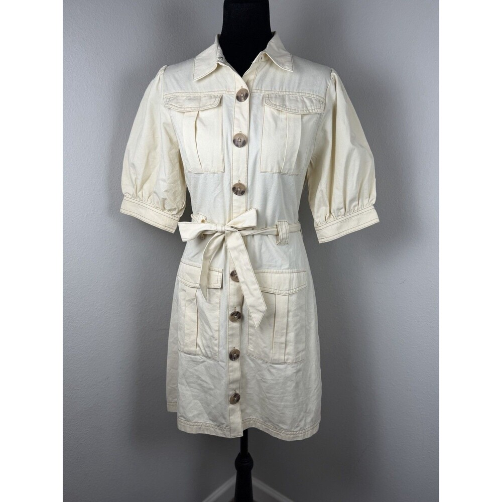 MINKPINK Cream Utility Shirt Dress Puff Sleeve Button Front Belted Dress Medium